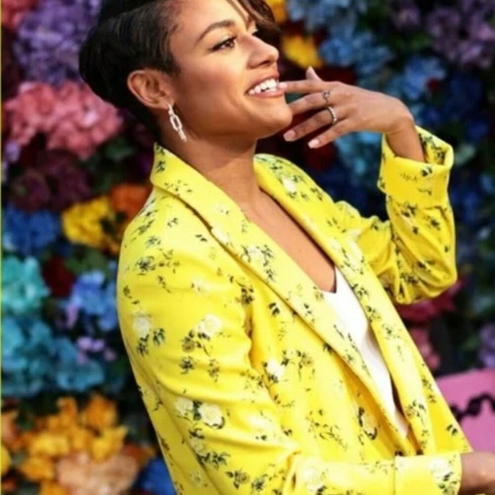 Alice + Olivia Justin Rolled Cuff Double Breasted Floral Yellow Blazer Size 6 - Picture 2 of 9